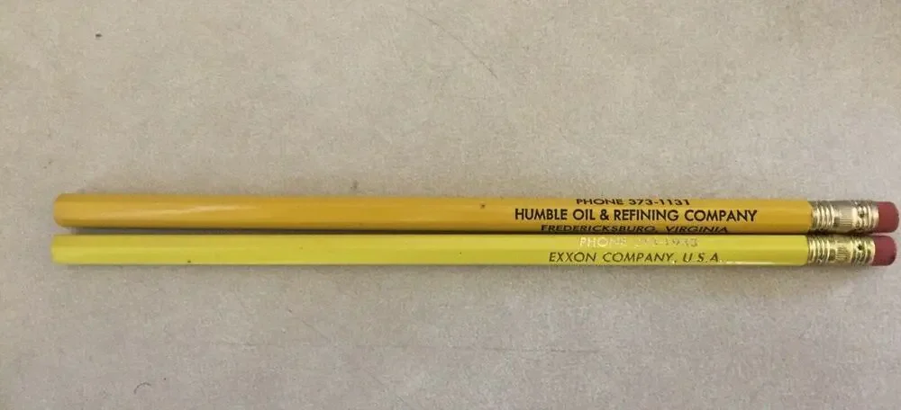 Pair 2 Vintage 70s 80s Fredericksburg Virginia Exxon Humble Oil Yellow Pencils